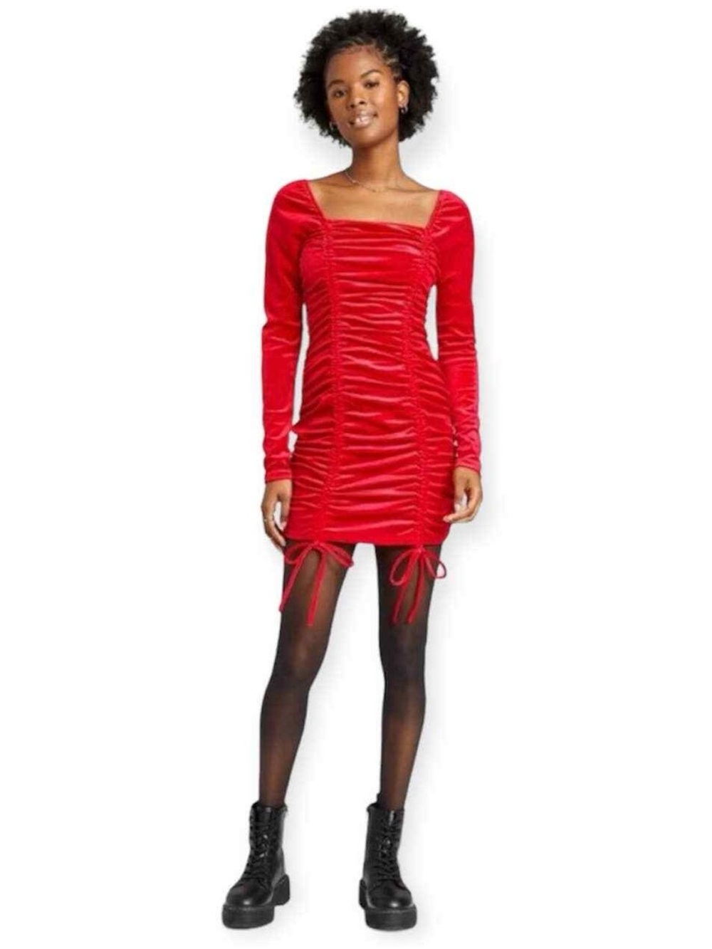 Women’s wild fable Red Ruched Long-Sleeve Mini Dress Size: L